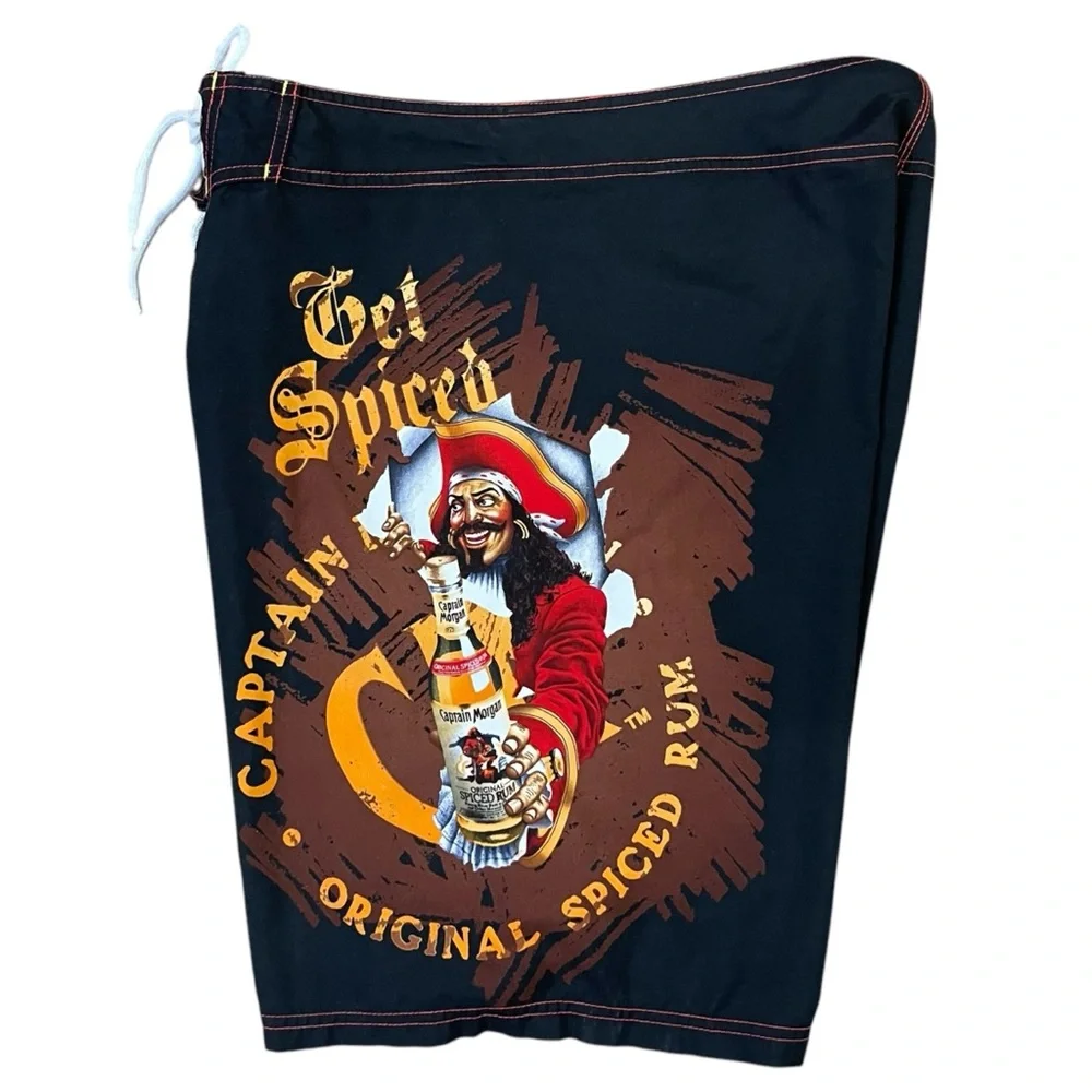 Captain Morgan Graphic Board Shorts Men’s  Black Red‎ Surf Swim Trunks Beachwear